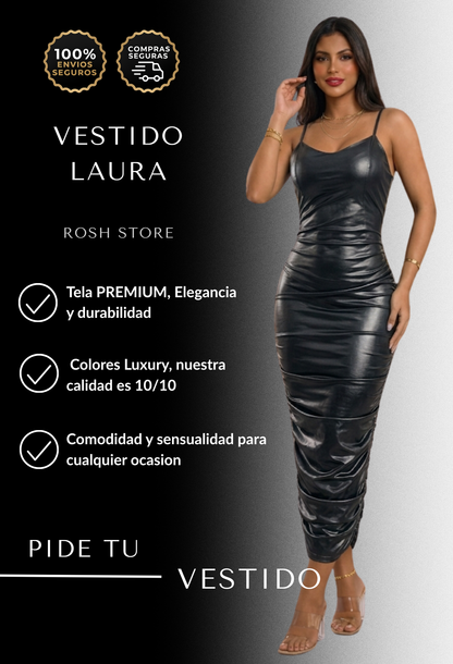 Vestido negro elegante para mujer en cuero sintético premium ROSH STORE