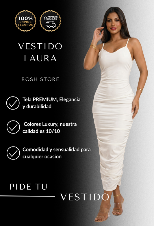 Vestido Laura ROSH STORE en Cuero TEX suave color blanco diseño fruncido